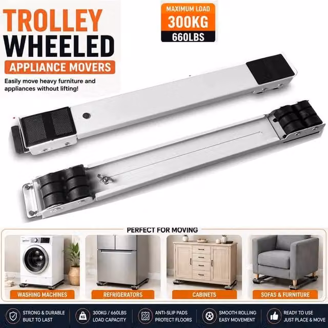 ATEK Heavy Duty Adjustable Appliance Rollers in White with Brake, 300kg Load Capacity for Moving Fridges, Washing Machines and Dryers