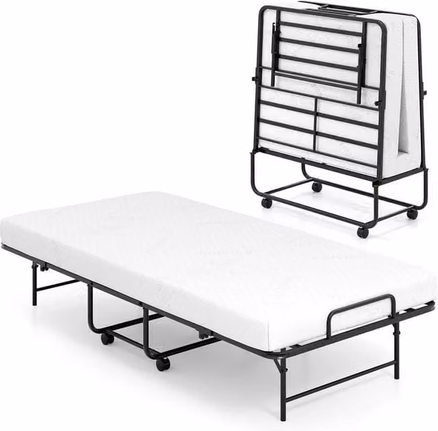 Gymax Portable Folding Bed with Foam Mattress in White, W/D/H: 190 x 90 x 40 cm