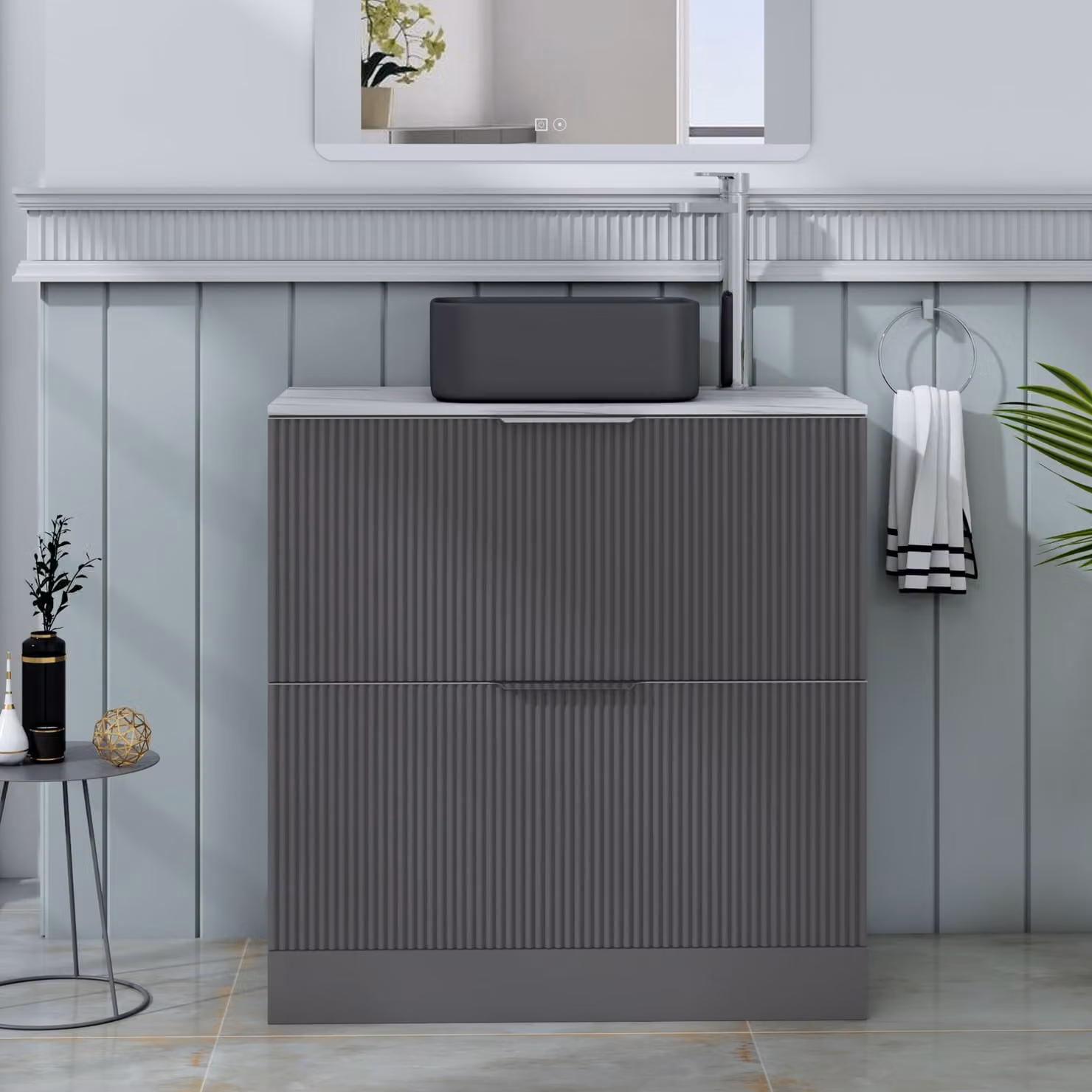 Royal Bathrooms Evora 800mm Graphite Grey Fluted Floor Standing Countertop Vanity Unit with 2 Drawers and Art Square Basin