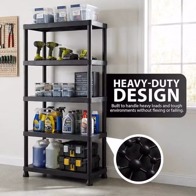 PAWNORA 5 Tier Plastic Freestanding Storage Shelving Rack in Black