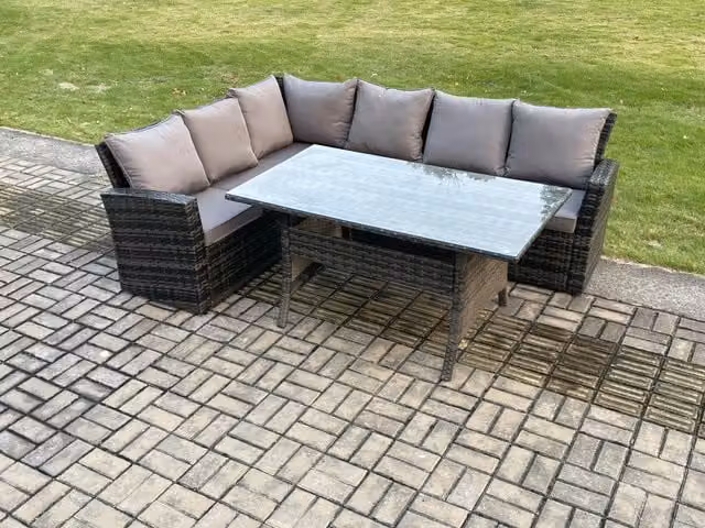 Fimous 6 Seater Rattan Garden Furniture Set with Rectangular Dining Table in Dark Grey