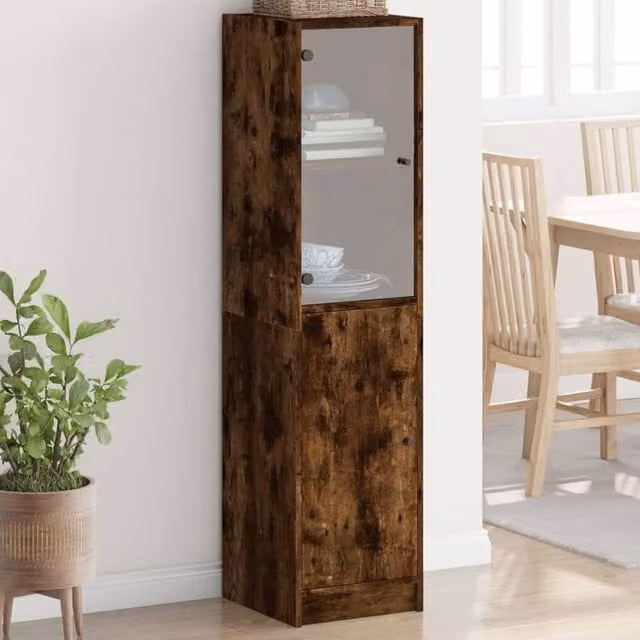 Berkfield Home Modern Highboard with Glass Doors in Smoked Oak Brown, W/D/H: 35 x 37 x 142 cm – 1