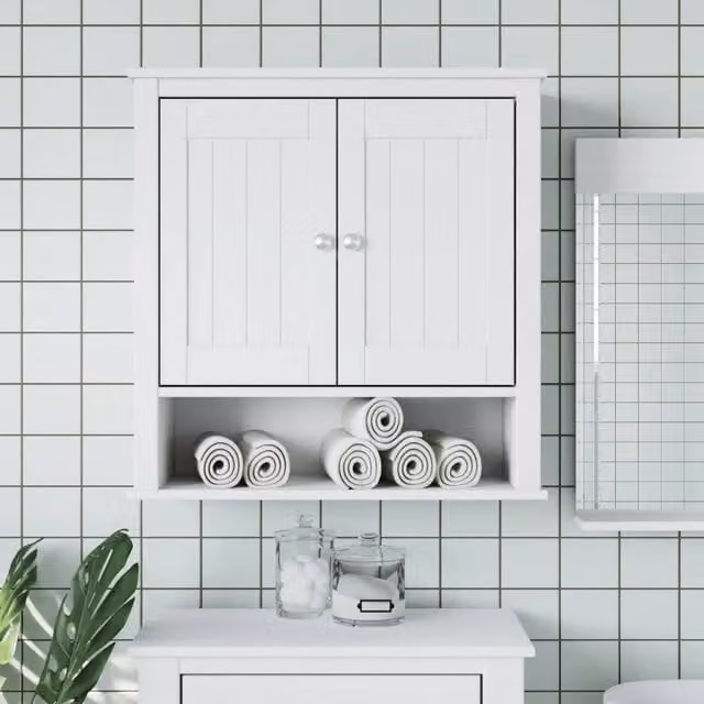 Berkfield Home BERG White Wall Mounted Bathroom Cabinet in Solid Pine Wood, W/D/H: 69.5 x 27 x 71.5 cm