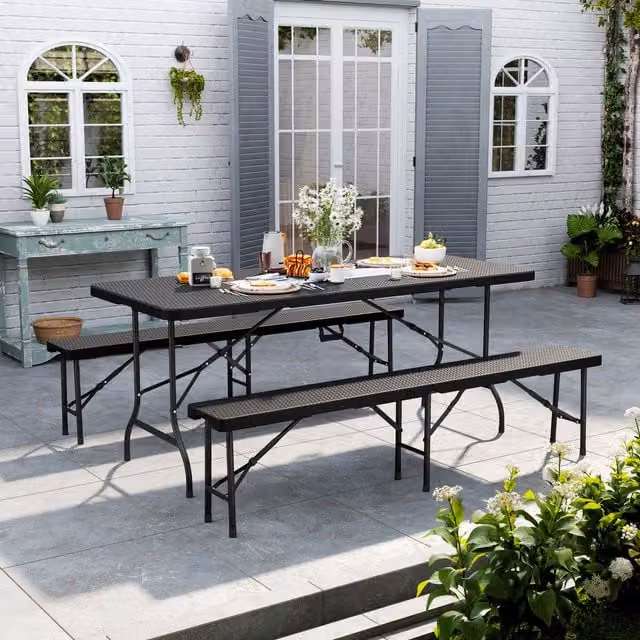 Livingandhome Outdoor Foldable Camping Table and Bench Set with Rattan Weave Effect in Black