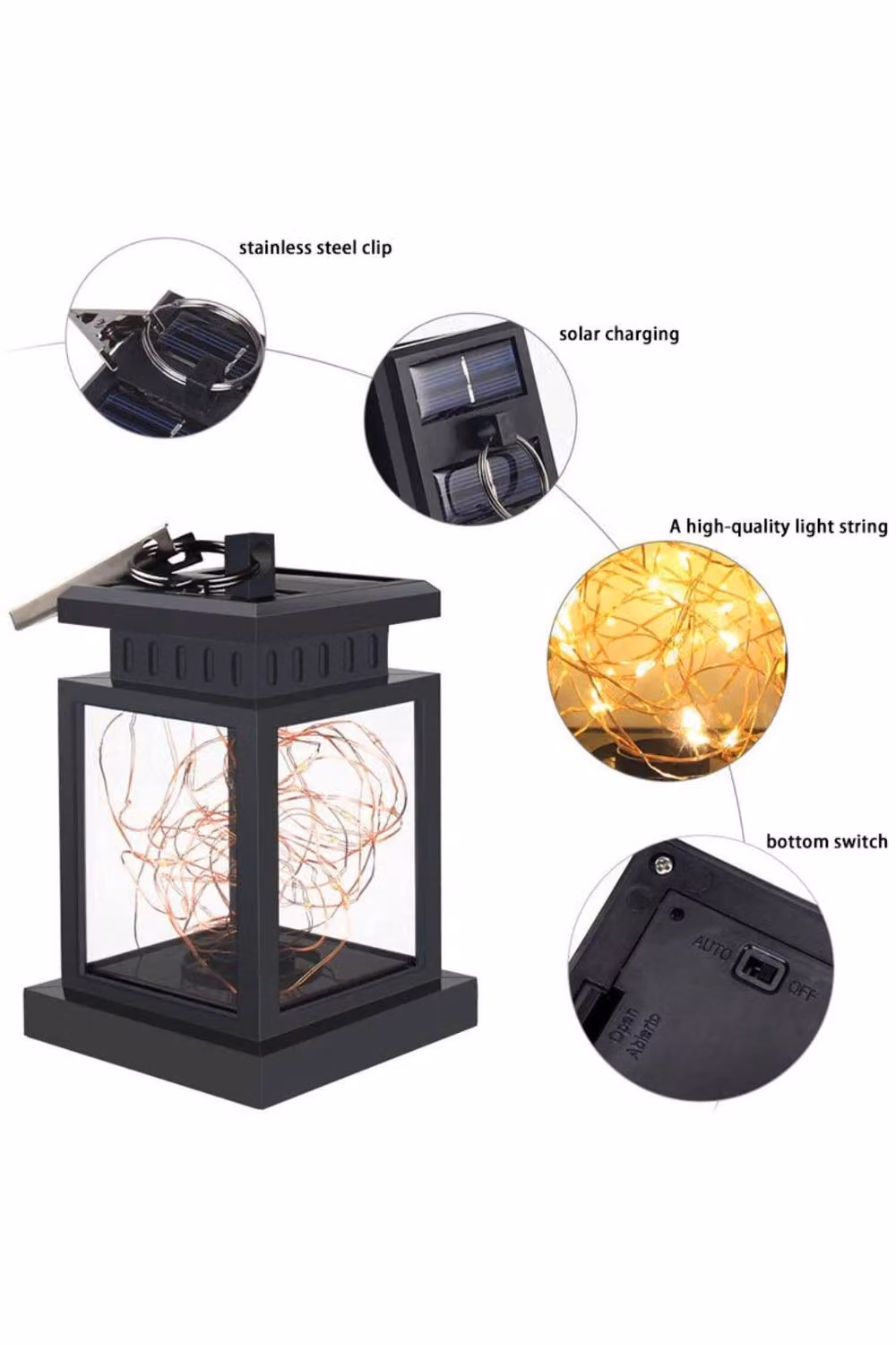 KDMD Solar Hanging Lantern Fairy Lights with Warm White LED, IP55 Waterproof, Black – 3