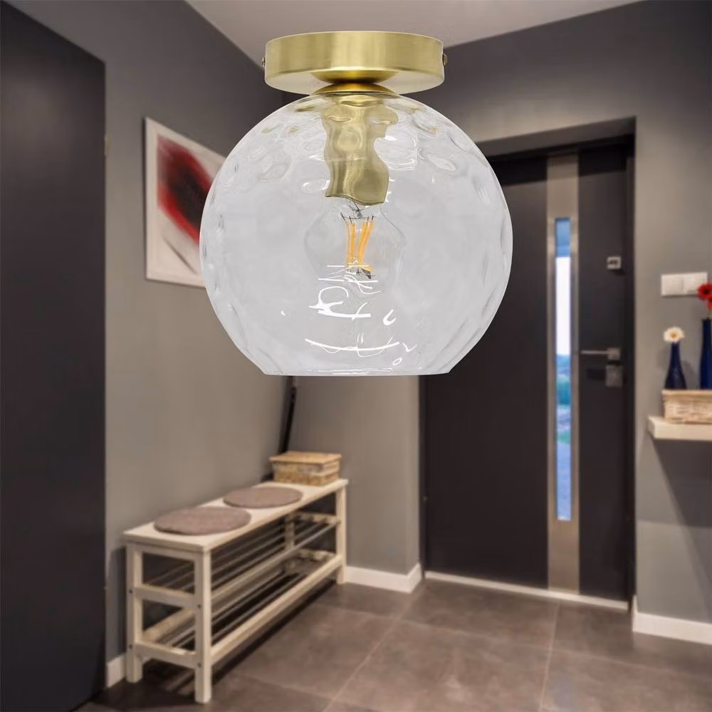 First Choice Lighting Barnum Ceiling Light Fitting with Transparent Dimple Glass Globe and Satin Brass Finish – 2