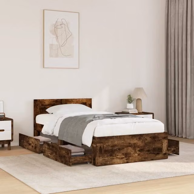 Berkfield Home Small Single Bed Frame with Headboard in Smoked Oak Brown, W: 75 cm, L: 190 cm – 1