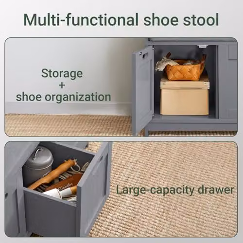 SoBuy Shoe Storage Bench with Fabric Seat Cushion and Drawer, Grey, W/D/H: 90 x 45 x 45 cm – 3