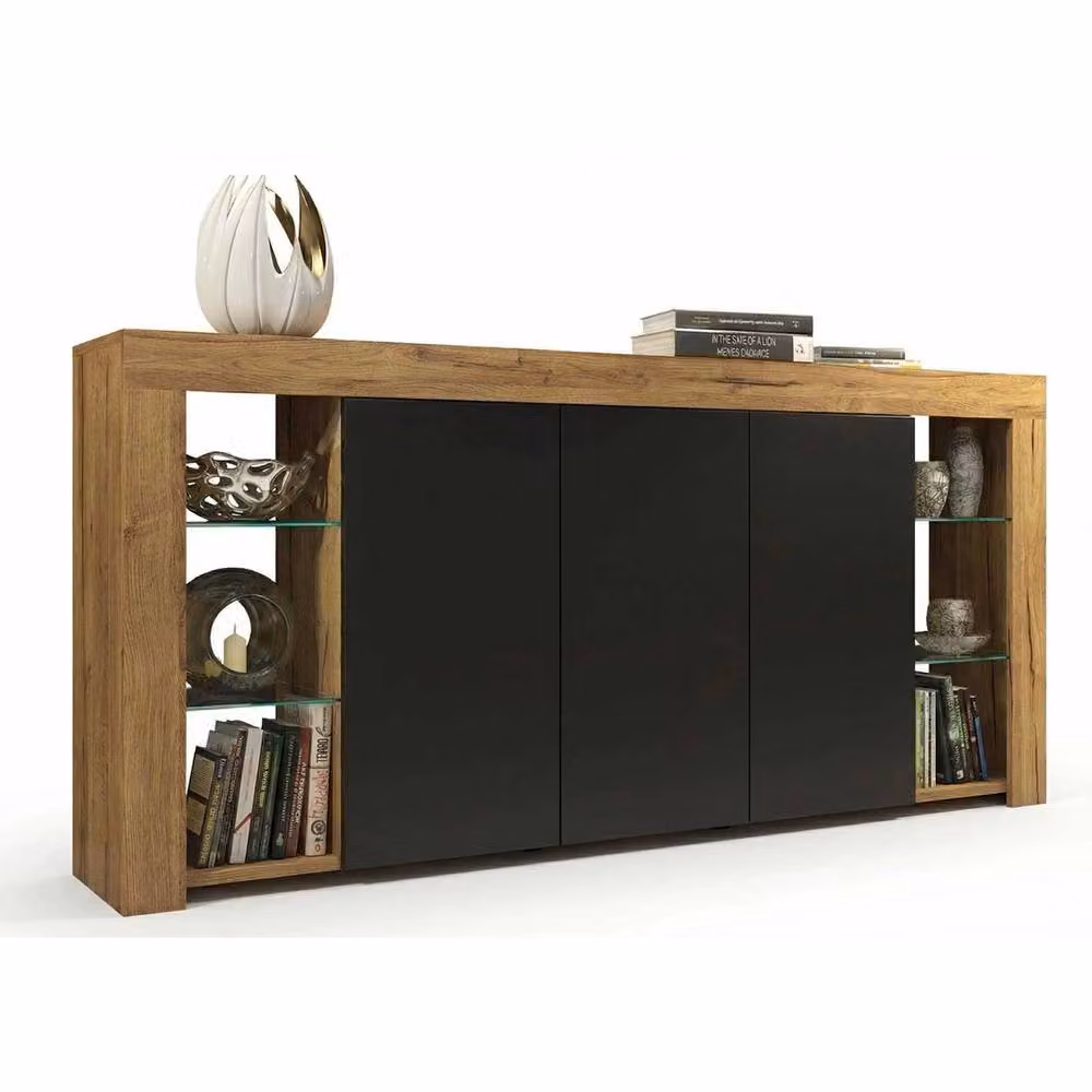 FORGEVIO Modern Wood Sideboard TV Unit with Integrated Lighting in Black, Brown and Multicolour Oak Finish – 2