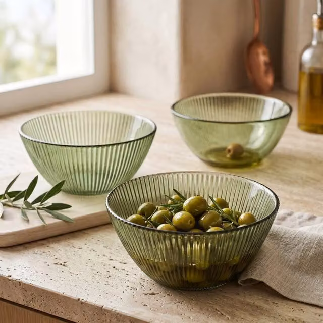 Madison & Mayfair Set of 3 Elegant Olive Ridged Green Glass Bowls – 1