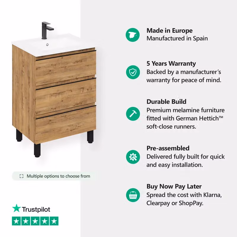 Banyetti Vatilla 600mm Floorstanding Vanity Unit with Veneto 1 Tap Hole Basin in Ostippo Light Oak, W/D/H: 60 x 45 x 84 cm – 2