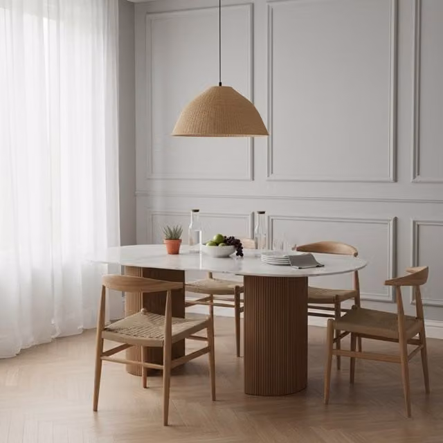 IH Design Luxor Oval Natural White Marble Top Dining Table with Wooden Legs, Seats 6 to 8, Tan