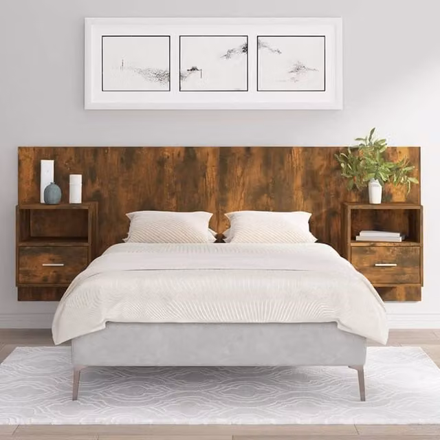 Berkfield Home Bed Headboard with Integrated Nightstand Cabinets in Smoked Oak Brown Engineered Wood – 1