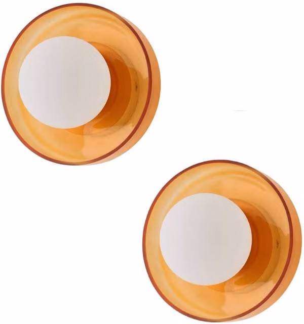 ValueLights Newbury Pair of Amber Glass Globe Bathroom Wall Lights with Gold/Brass Finish IP44 – 1