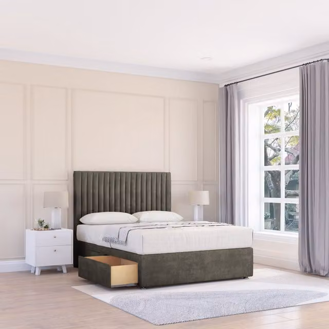 Sloomy Manhattan Double Divan Bed Base with 4 Drawers and 26 inch Struts Headboard in Light Grey, W/D/H: 140 x 200 cm