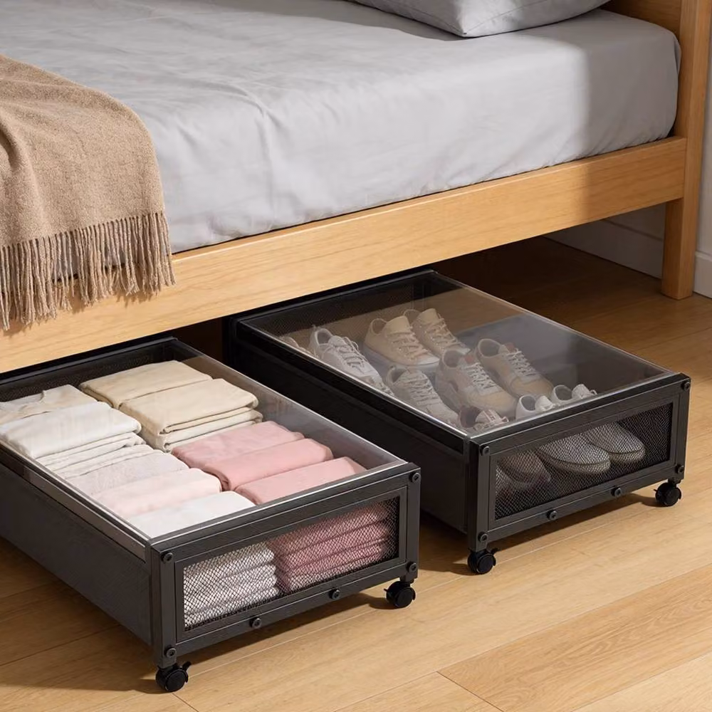 EONLION Set of 2 Black Mesh Underbed Storage Boxes with Lids and Wheels – 5