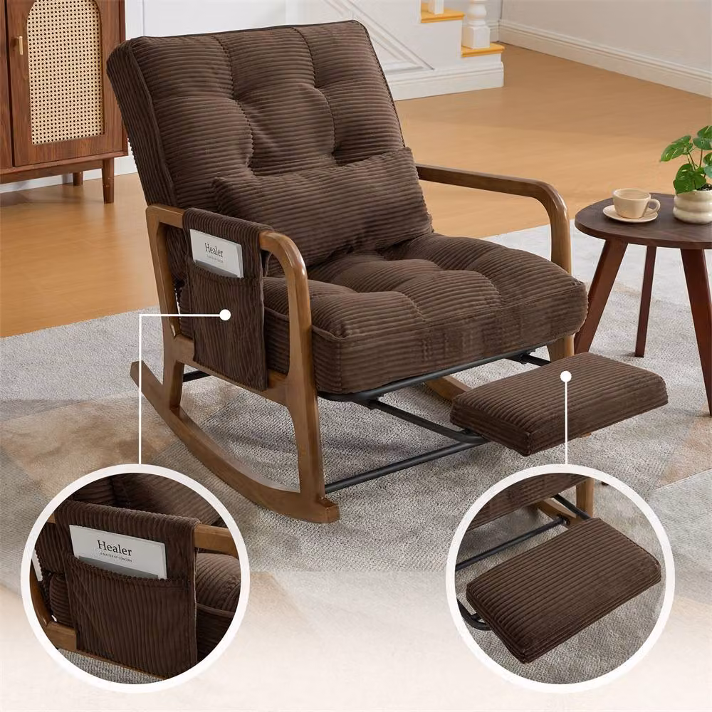 Direct Wicker Corduroy Upholstered Rocker Glider Chair with Footrest and Side Pocket in Dark Brown – 6