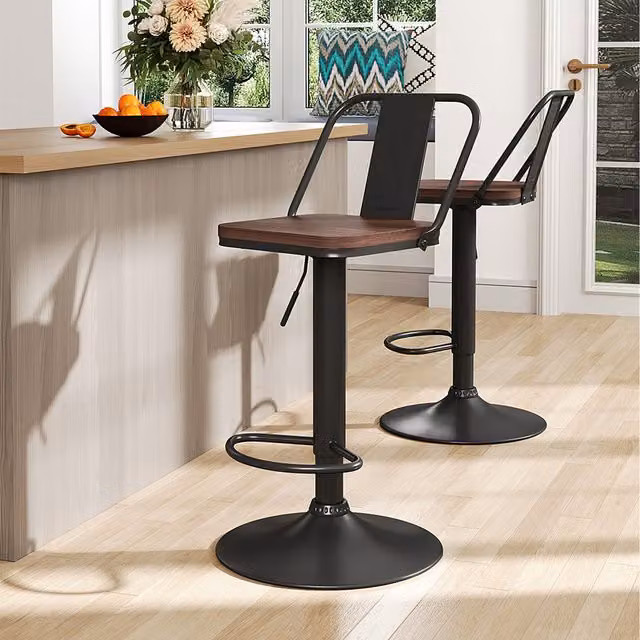 Komore Set of 2 Industrial Adjustable Swivel Bar Stools in Brown and Black