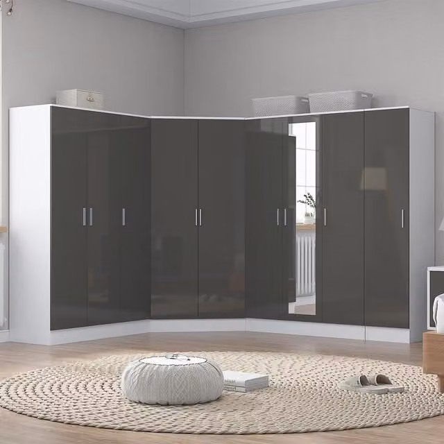 REFLECT Wardrobe Bundle in Grey Gloss and Matt White, including Corner, 3-Door Mirrored, 3-Door Plain and 1-Door Units