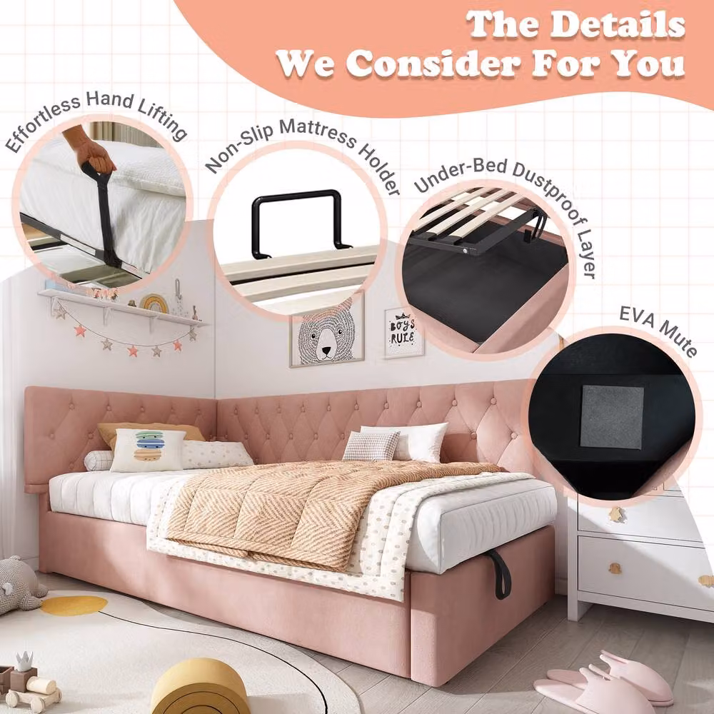 BTM Pink Velvet Single Sofa Bed with Hydraulic Storage and Metal Frame, W/D/H: 90 x 190 cm – 4