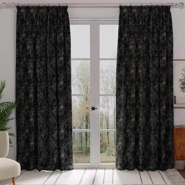 Terrys Lava Made to Measure Blackout Fabric Panel Curtain in Petrol Blue and Black Graphic Design