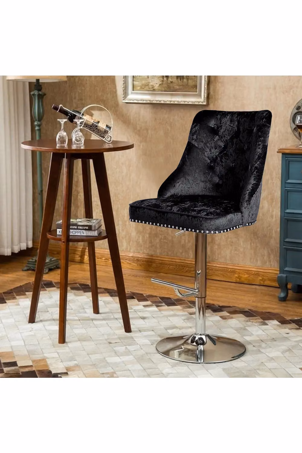 Livingandhome Modern Velvet Upholstered Swivel Bar Stools with Adjustable Height Gas Lift and Nail Head Trim in Black – 4