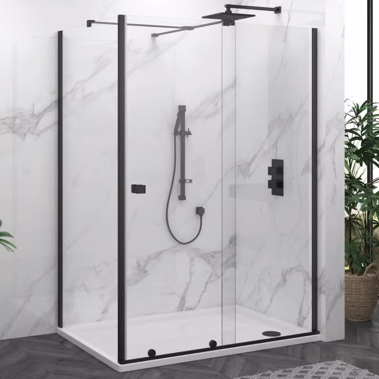 Luton Wet Room Sliding Shower Screen Enclosure with Acrylic Tray, 8mm Easy Clean Glass, Matt Black, W: 100 cm, D: 80 cm, H: 195 cm