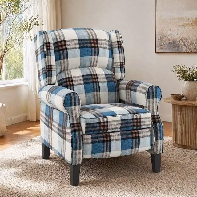 STILVORA Blue Fabric Wingback Recliner Armchair with Integrated Footrest and Ottoman – 1
