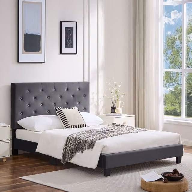Furniture One Grey Upholstered Platform Bed with Adjustable Tufted Headboard and Solid Pine Wood Frame, Width: 147 cm