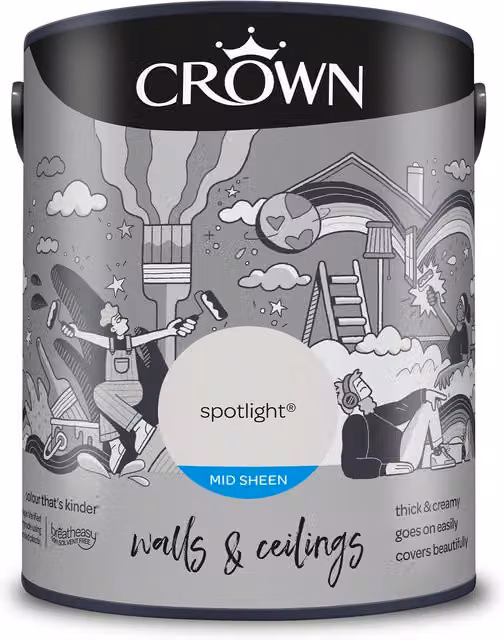 Crown Spotlight Grey Mid Sheen Emulsion Walls and Ceilings Paint, 5 l