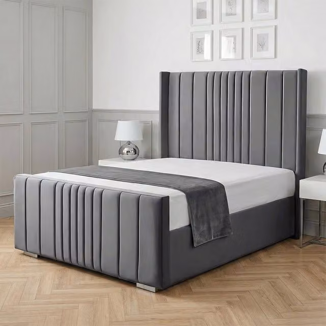 Living Comfort Bedz Cambridge Wingback Upholstered Velvet Bed with Slatted Base in Grey, Size: Super King (200 x 200 cm)