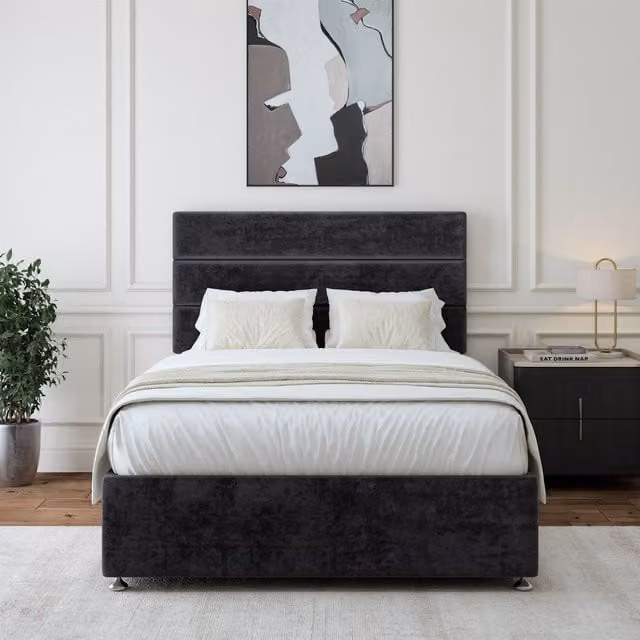 Bedmaster Luxury Velvet Small Single Divan Base and Lined Headboard in Black