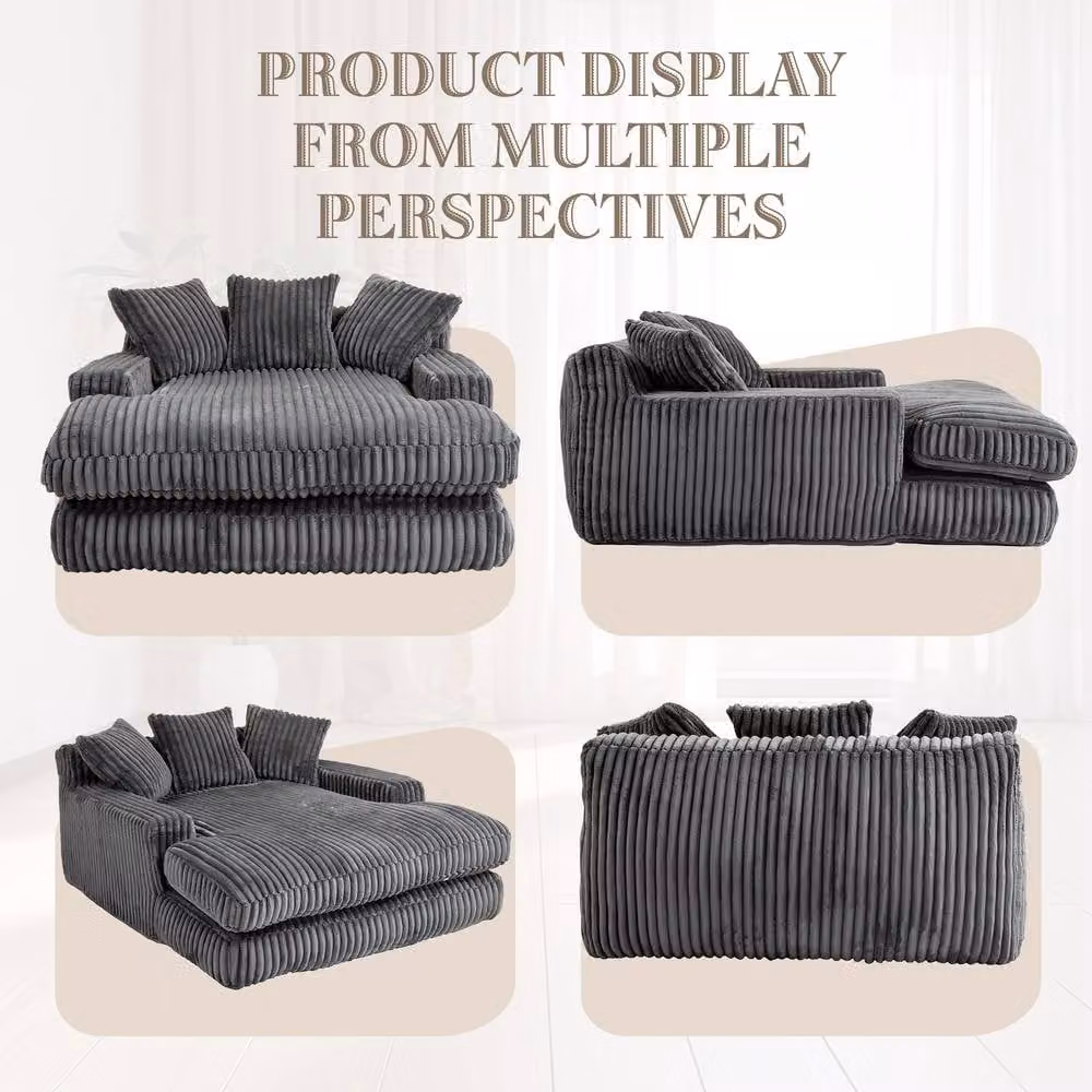 Matteo Oversized Soft Plush Cord Fabric Chaise Lounge Sofa Bed in Grey with Sleeping Function and Scatter Cushions – 2