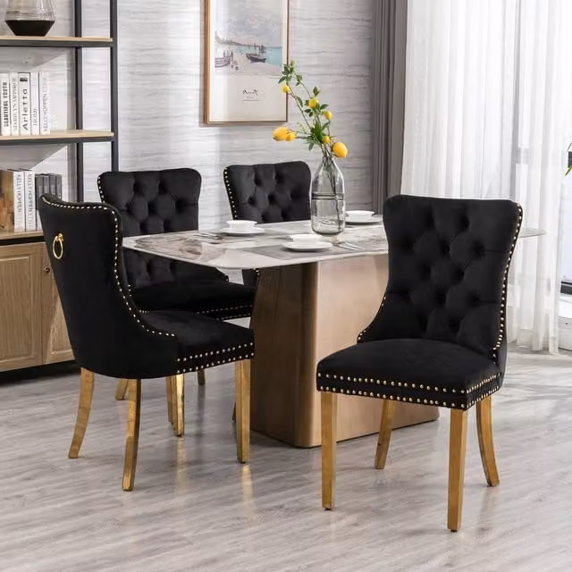 HomeTouch Set of 4 Lux Velvet Dining Chairs with Gold Steel Legs in Black