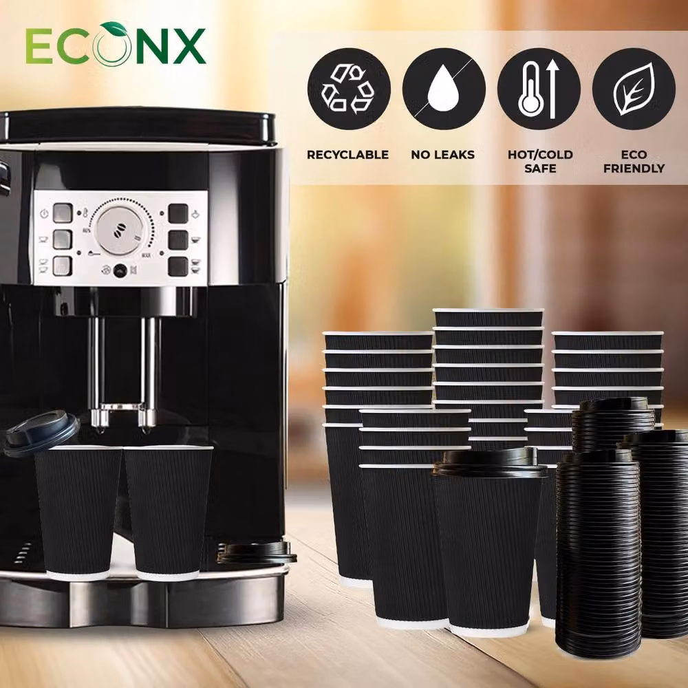 ECONX 100 Pack Disposable Triple Layer Paper Coffee Cups with Lids, Black, 16oz – 5