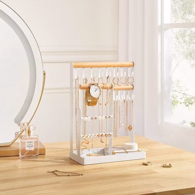 Livingandhome Freestanding White Jewellery Display Stand with Shelf in Metal and Wood
