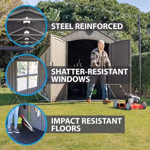 Lifetime 60352 Heavy-Duty Outdoor Storage Shed in Grey, 2.4 x 5.3 m Garden Workshop with Double Doors and Steel-Reinforced Weatherproof HDPE Construction – 4