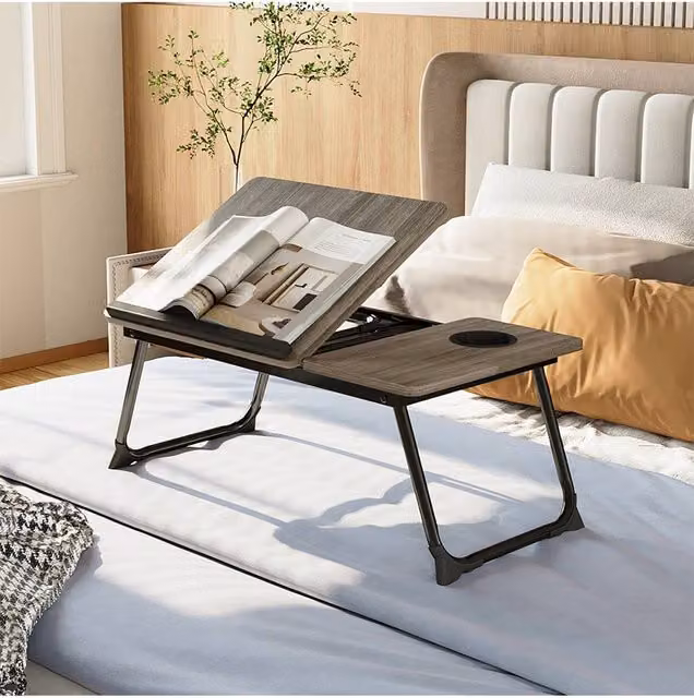 Living and Home Adjustable Height and Tilting Folding Laptop Bed Table with Cup Slot in Grey – 1