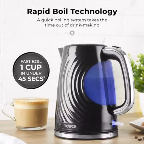 Tower Sonar Kettle in Black with Blue Light, 1.7L, 2500W, featuring Limescale Filter – 6