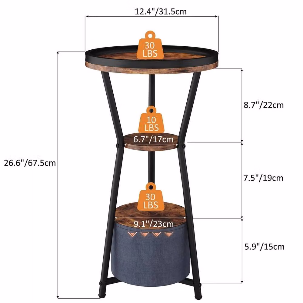 FORGEVIO Round 3-Tier Side Table in Rustic Brown – 2