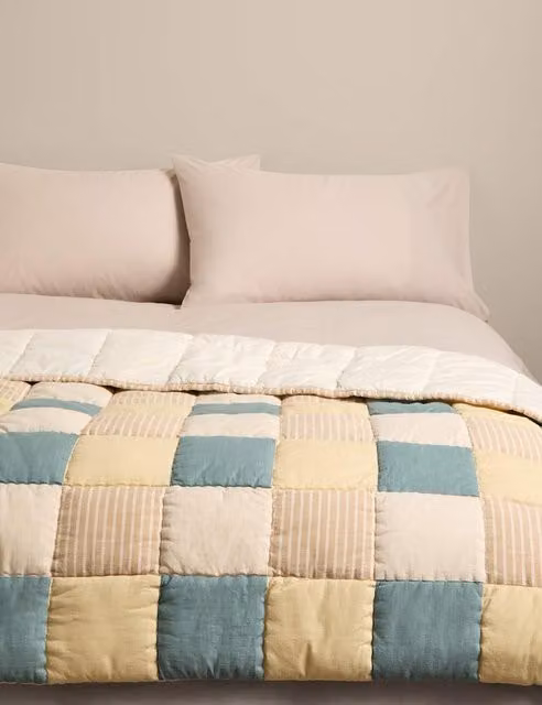 M&S Quilted Pure Cotton Patchwork Bedspread in Blue Multicolour