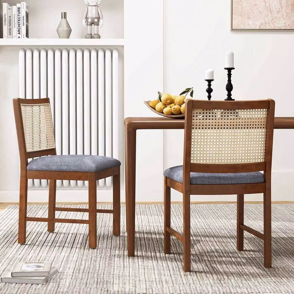 FORGEVIO Mid-Century Wooden Upholstered Kitchen Chairs in Brown Linen Fabric – 3