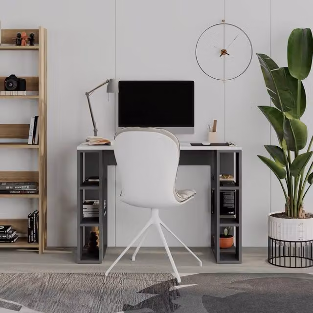 Decortie Colmar Modern Writing Desk with Integrated Open Shelves in Grey, 3 Pack
