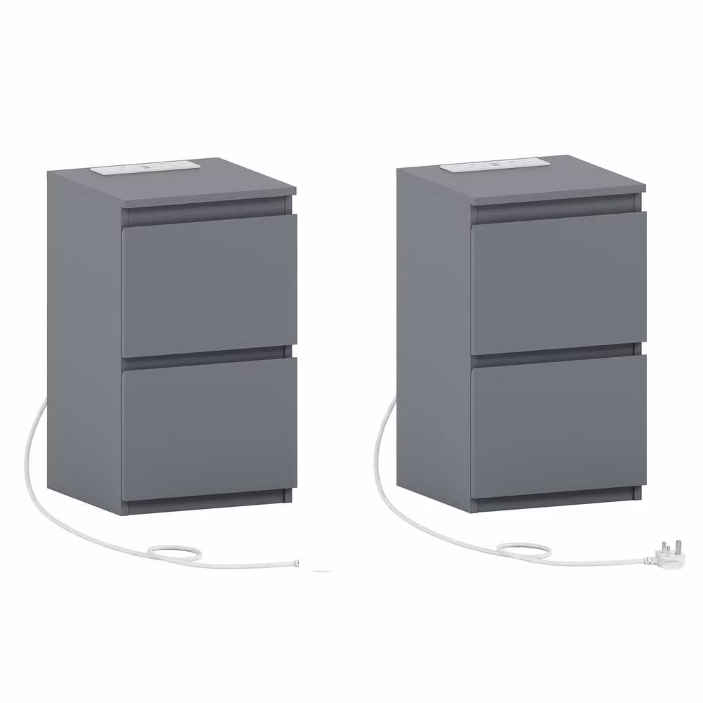 Vida Designs Denver 2 Drawer Bedside Chest with Power Outlet, Set of 2, Grey – 2