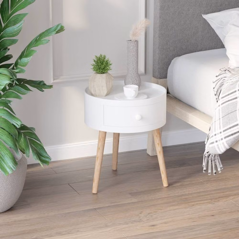 STILVORA Round Side Table with Drawer and Wooden Legs, White, W: 38 cm, H: 45 cm – 2