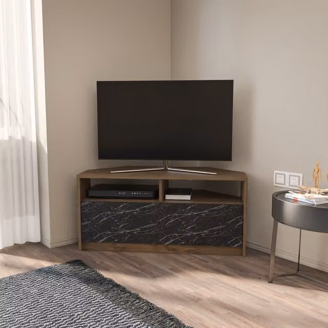 Comero Minimalist TV Unit in Walnut and Black Marble Effect