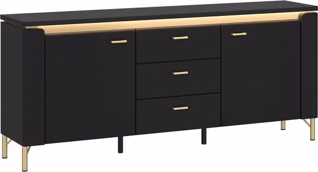 Furniture To Go Genoa Modern TV Cabinet with 2 Doors, 3 Soft-Close Drawers and Integrated Lighting in Black Matt and Gold, Width: 155 cm