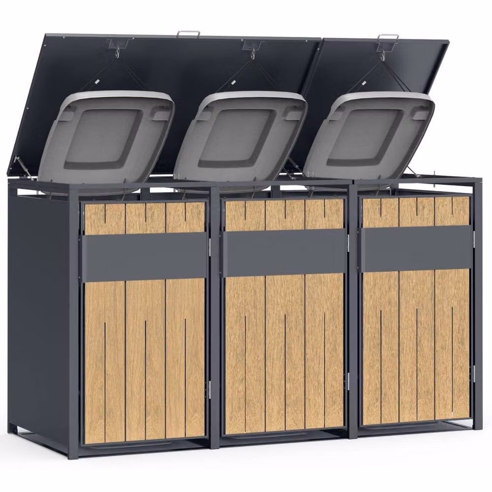 Phoenix Safe Company Outdoor Triple Wheelie Bin Store for 3 x 240L Bins, Oak Effect Metal Storage in Brown, W/D/H: 80 x 116 x 80 cm – 4