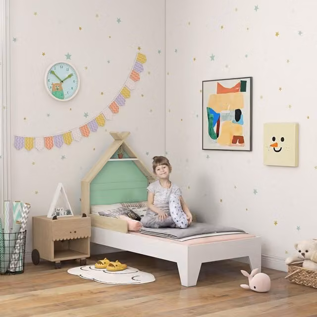 AIYAPLAY Toddler Bed Frame with Guardrails in Green, Engineered Wood House Frame Design