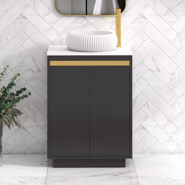Royal Bathrooms Orion 600mm Matt Obsidian Black and Plain White Floor Standing 2 Door Vanity Unit with Milan Basin and Brushed Brass Accent Trim